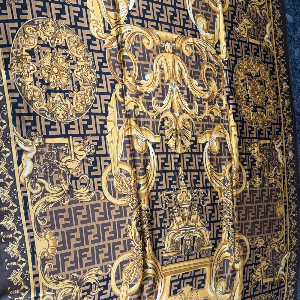 Fendi Gold and Black Baroque FF Silk Scarf